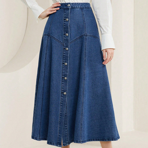 Jupe longue en <span class=keywords><strong>jean</strong></span> décontractée bleue pour <span class=keywords><strong>femme</strong></span>, nouveau style, coupe trapèze, boutonnée sur le devant, ourlet évasé, vente en gros - Product Image 4