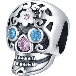 Commercio all'ingrosso 925 Sterling Silver Skull Charm Beads fit Pandoraer bracciale donna moda gioielli pendenti regali di Halloween fai da te