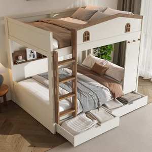 Modern House-shaped Solid Wood Bunk <strong>Bed</strong> with Hooks Storage Shelves Safety Guardrails Optional <strong>Underbed</strong> Drawers or Trundle <strong>Bed</strong> - Product Image 3
