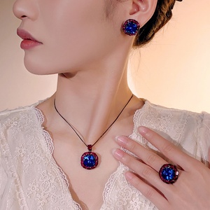 Fashion Eco-friendly Copper Wedding Sets Jewelry Set Bridal Blue Zircon With Rose Cut Surround Vintage Necklace <b>Earring</b> Ring Set - Product Image 5