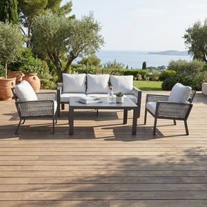 Ensemble de canapés d'extérieur de luxe 4 pièces, tissu 100% oléfine, coussin épais de 10 cm, structure en aluminium, corde tressée, <span class=keywords><strong>salon</strong></span> moderne pour parc et <span class=keywords><strong>jardin</strong></span> - Product Image 3