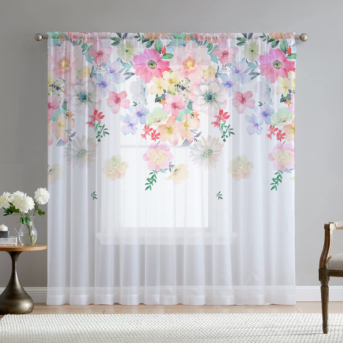 Cortina Lactraum Glicinia Decorativa Cortina Voile Bordada Para Salón - Blanco Transparente Con Flores De Glicinia, 200 X 245 Cm, Con Ojales Cortina Salón Bordada