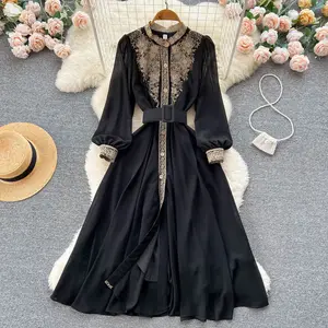 LY5053 New 2023 Korean Chic Black Color Gold Color Lace Floral Decorate Women Elegant Dress Ladies Dresses Clothing 5