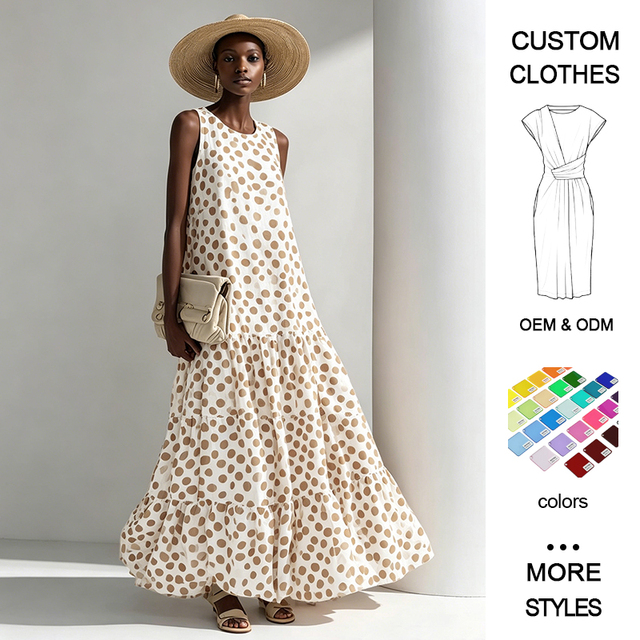 French-style Vintage Digital-printed Polka-dot Sleeveless Chiffon Maxi Dress Round-neck Loose-fit Wide Flared Hem High-waisted