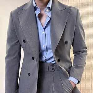 Vendita calda <span class=keywords><strong>doppiopetto</strong></span> abiti da lavoro classici da uomo nero a righe grigie abiti da sposa formali con cerniera pantaloni mosca - Product Image 1
