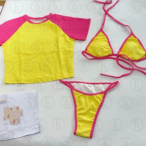 Ensemble de maillots de <span class=keywords><strong>bain</strong></span> de luxe pour femmes 2026, avec logo personnalisé, sexy, 3 pièces, pour le fitness, comprenant un micro mini bikini, un t-<span class=keywords><strong>shirt</strong></span> court et un maillot de <span class=keywords><strong>bain</strong></span> uni à motif fruité - Product Image 4