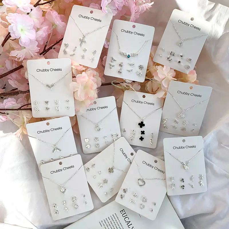 Korean four-leaf clover pearl heart-shaped 925 silver necklace female fashion five-pointed star stud earrings combinationjewelry