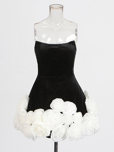 Boutique all'ingrosso moda nera 3D bianco fiore festa abiti Casual 2024 nuovo elegante abito <span class=keywords><strong>Midi</strong></span> Sexy senza spalline - Product Image 5