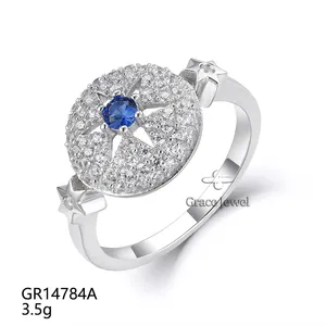 格蕾丝珠宝经典六角星形大蓝色尖晶石宝石时髦时尚纯银精致女孩戒指