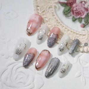 Nouvelles <span class=keywords><strong>Faux</strong></span> Ongles Press-On Faits Main Personnalisables Rose Marbré Pailleté Floral, Ongles Amande de Luxe pour Femmes - Product Image 1