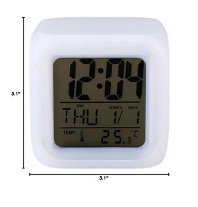 7 Colors Changing Night Light <b>Digital</b> Desk <b>Clock</b> Square LCD Display Temperature Day Date White Plastic Minimalist Design <b>Battery</b> - Product Image 5