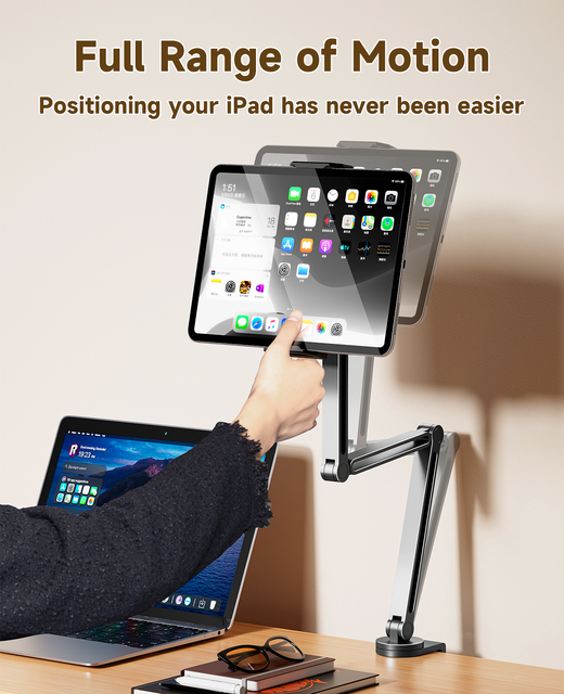 Yicosun iPad & Phone Tablet Stand Desk Aluminum Alloy Desktop Multi-angle Mobile Phone Tablet Holder 360 Rotation Free Lifting