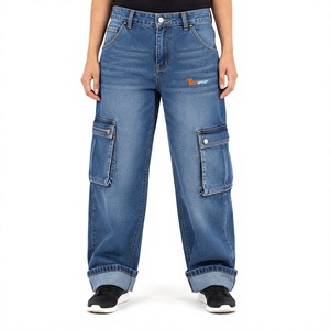 <b>Women</b>’s Baggy Denim Cargo <b>Jeans</b> Manufacturer Custom Wide Leg Cargo Pants for <b>Women</b> High Waist Vintage Washed <b>Blue</b> <b>Jeans</b> - Product Image 1