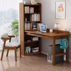 Solid Wood <b>Computer</b> Desk With Bookshelf 125x65x160cm Study Desk <b>For</b> Home Office Bedroom Student Use - Product Image 1