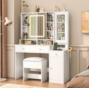 Meuble-lavabo moderne <span class=keywords><strong>avec</strong></span> porte miroir coulissante et lumière LED Meuble-lavabo <span class=keywords><strong>avec</strong></span> station de charge intégrée <span class=keywords><strong>Bureau</strong></span> de maquillage - Product Image 5