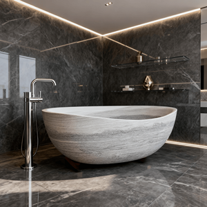 Baignoire autoportante en marbre sculpté à la main de haute qualité en pierre naturelle noire moderne avec drain pour villa - Product Image 2