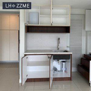 Set di Mobili da Cucina Minimalisti in Impiallacciatura di Legno Personalizzabili con Piano di Lavoro in Quarzo e Cassetti, Cucina Aperta Ecologica per Hotel - Product Image 3