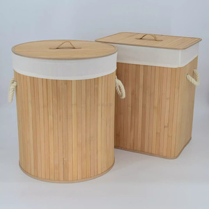Bamboo Laundry <b>Basket</b> Round Foldable Fabric Clothing Organizer Storage With Lid And Rope Handles - Product Image 1