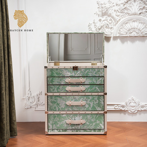 Commode vintage style coffre à 4 tiroirs <span class=keywords><strong>avec</strong></span> <span class=keywords><strong>miroir</strong></span> relevable, coffre de rangement floral vert pour coiffeuse de chambre - Product Image 1