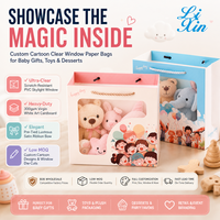 Sac fourre-tout en papier transparent personnalisé avec fenêtre, ruban et poignée, motif dessin animé, pour cadeaux de baby shower, jouets, pâtisseries, emballage en gros