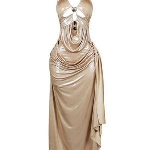 Nuevo Vestido Maxi Metálico Color Champán para Mujer, Cuello Halter, Cintura Natural con Encaje, Diseño Drapeado y Recortes, Estilo Casual Diario - Product Image 4