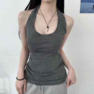 Top Casual Cómodo con Cuello Halter y Escote Cuadrado, Tejido Transpirable 100% Poliéster, Estampado Digital a Cuadros, para Mujer - Product Image 1