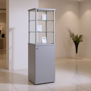 Modern Display Cabinet 45x45x175cm Light <b>Grey</b> Aluminum <b>Frame</b> Tempered Glass Shelves Lockable Door - Product Image 3