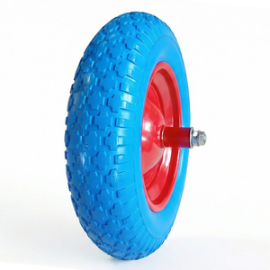 ล้อรถเข็น PU1414 ขนาด 14x3.50-8 แบบไม่ต้องเติมลม ขนาด 14 นิ้ว สีฟ้า ยางโฟม PU ขอบเหล็กสีแดง รูเพลา 1/2 นิ้ว อะไหล่รถเข็นสวน รถเข็นมือ - Product Image 4