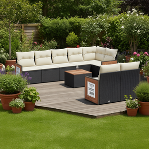 Ensemble de canapés de jardin noir et crème avec coussins en mousse haute densité en rotin PE résistant aux UV, mobilier d'extérieur au design contemporain - Product Image 2