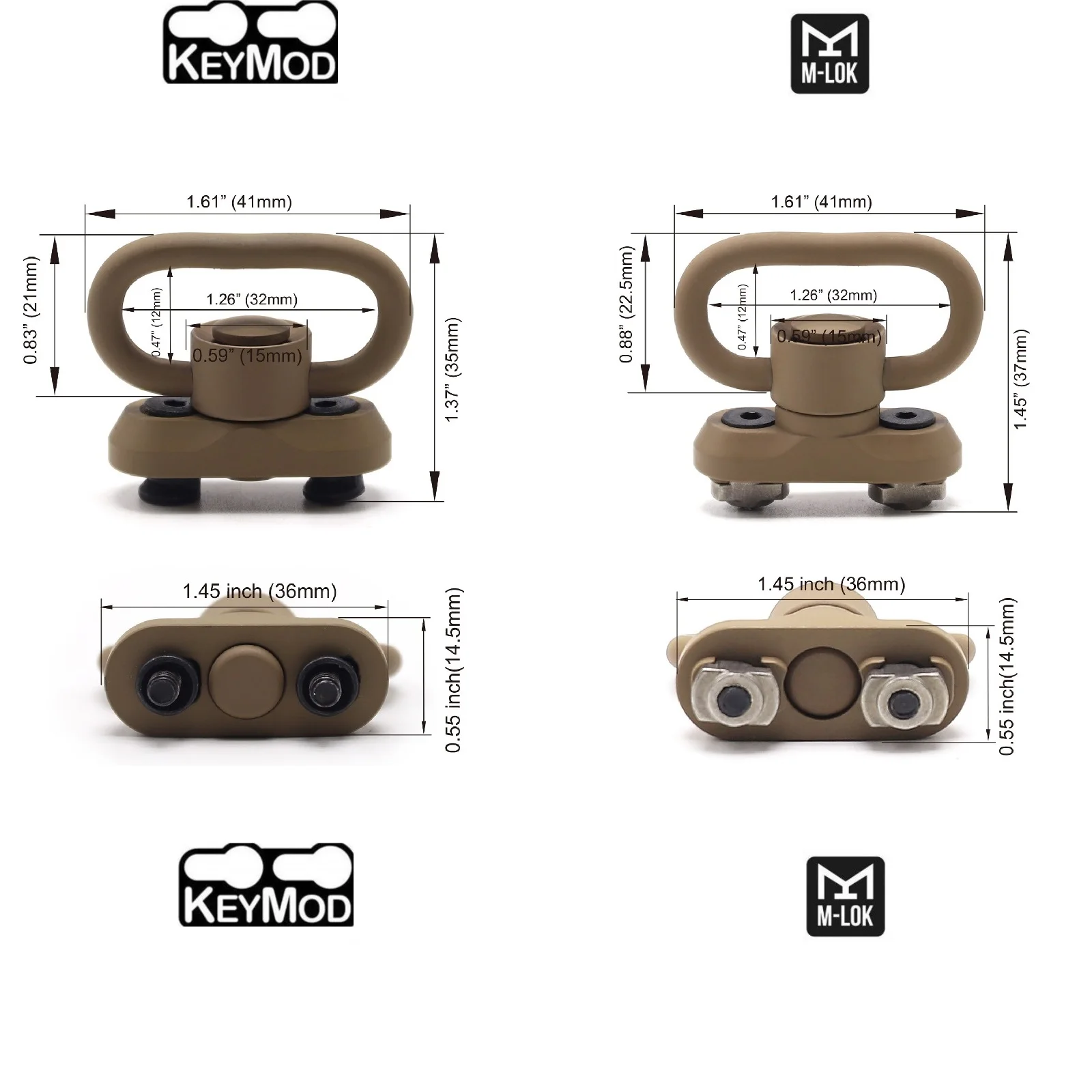 Trirock optional Keymod/M-LOK TAN/FDE  Push Button QD 1.25" sling swivel Base Mount or with Clever Hole for Snap Clip Hook