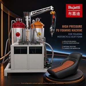 Machine à mousser PU haute pression optimisée pour les sièges de moto touring noirs et marron, par Bujatti - Product Image 1