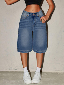 Shorts en <span class=keywords><strong>jean</strong></span> vintage coupe droite mi-longue décontractée pour <span class=keywords><strong>femme</strong></span>, style délavé moyen, idéal pour l'été - Product Image 6
