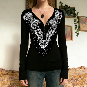 Women's <b>Gothic</b> Eco-Friendly Button Floral Print Long Sleeve V-Neck Stretchy Knit Casual T-<b>Shirt</b> for Club Nightclub - Product Image 5