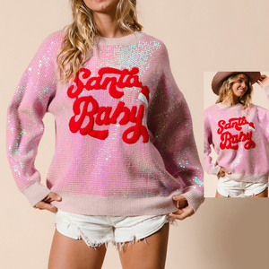 Presentes de Natal oversize solto inverno desgaste o-pescoço puff impressão padrão brilhando lantejoulas cor rosa mudando camisola para as mulheres - Product Image 1