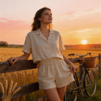 Vêtements d'été respirants personnalisés pour femmes, ensemble deux pièces, chemise boutonnée et short, ensemble décontracté pour les vacances, ensemble en lin pour femmes