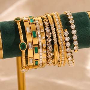 Bracelet en acier inoxydable plaqué or 18 carats avec zircon vert, ajustable, bijoux - Product Image 5