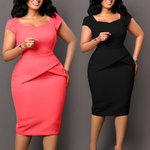 Mode S-3Xl à manches courtes couleur unie sac fesse femmes travailleur robe de bureau grande taille robe - Product Image 1