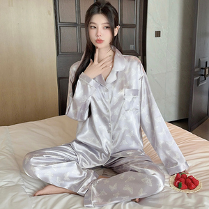 Sang trọng-cảm thấy Áo ngủ lụa giả cho phụ nữ, phong cách mùa hè mới, tay áo dài, có thể được mặc như áo khoác ngoài, kính mắt. - Product Image 4