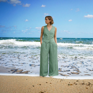 Conjunto de Chaleco y Pantalones Anchos de Lino y Algodón para Mujer, Cuello en V, Sin Mangas, Dos Piezas, Estilo Casual de Verano - Product Image 3