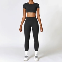 Ensemble de yoga personnalisé pour femme, automne, séchage rapide, haut à manches courtes, pantalon à carreaux, respirant, écologique