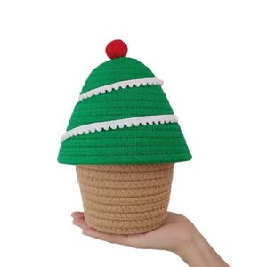 Christmas Tree Shape Cotton Rope Storage Basket With Lid 26cm Height For Desk Bedroom Organization Modern Handmade Design - Product Image 5