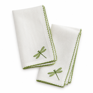 Serviettes en lin personnalisées brodées, serviettes en coton, libellules blanches et vertes, décoration de table, style classique, faites à la main, rectangulaires - Product Image 1