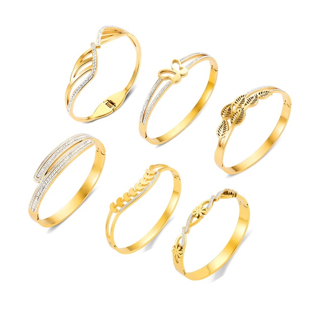 Women's 18K Gold Plated Stainless Steel Zircon Heart Shape Micro Insert Bangles Fashion Jewelry