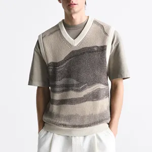 Factory custom logo oem odm design ribbed V neck sleeveless print knitted sweater vest men jacquard knitted vest