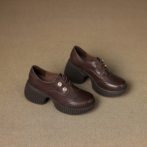 Meilleures ventes : Chaussures décontractées à talon épais, en cuir de vachette pleine fleur, couleur unie, style rétro, avec ceinture décorative, antidérapantes, durables et imperméables - Product Image 2