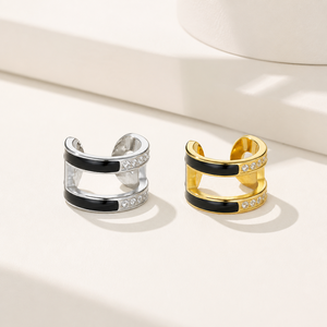 Double Rail Ear <b>Cuff</b> Stainless Steel 14K Gold Vacuum Plated Black Enamel CNC Set Accent Gold <b>Silver</b> Variants - Product Image 1