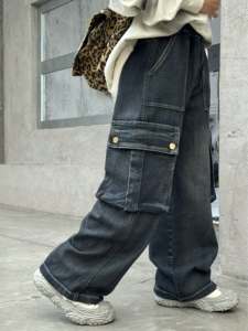 Pantalon cargo en jean coupe ample pour garçon avec plusieurs poches-Taille élastique décontractée, bleu foncé, activités et style quotidien, parfait - Product Image 2