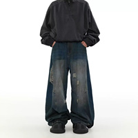 Jean en denim délavé style vintage américain, taille mi-haute, coupe droite, déchiré, pour hommes et femmes, tendance, ample, à jambes larges, pour couples, style INS très prisé