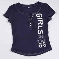 Camiseta Vintage Y2K para Mujer, Azul, de Punto, Manga Corta, con Costuras en Contraste, Estampado Gráfico de Letras, Cuello Redondo