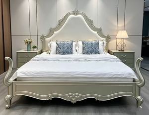 Premium Queen Size Champagne Finish <b>Bed</b> With Cream Upholstered Ornate Carved Cabriole Leg For French Rococo Bedroom - Product Image 4